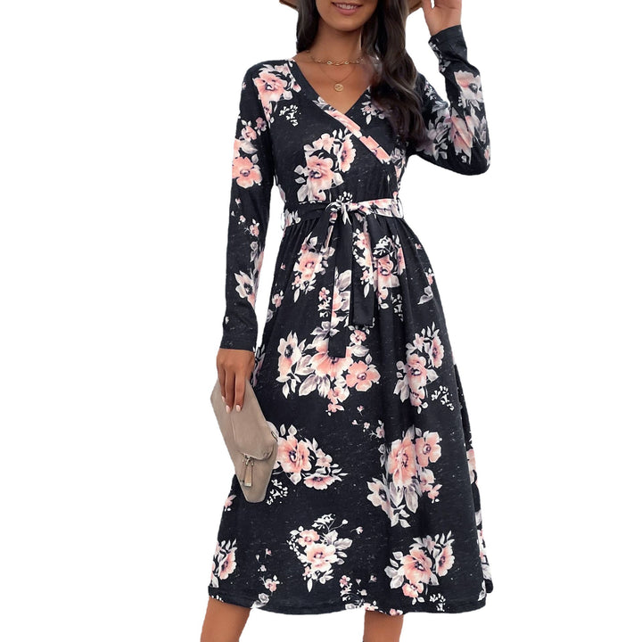 Damen Florales Wickel-Midikleid mit V-Ausschnitt, Taillengürtel und ausgestelltem Rock Drune