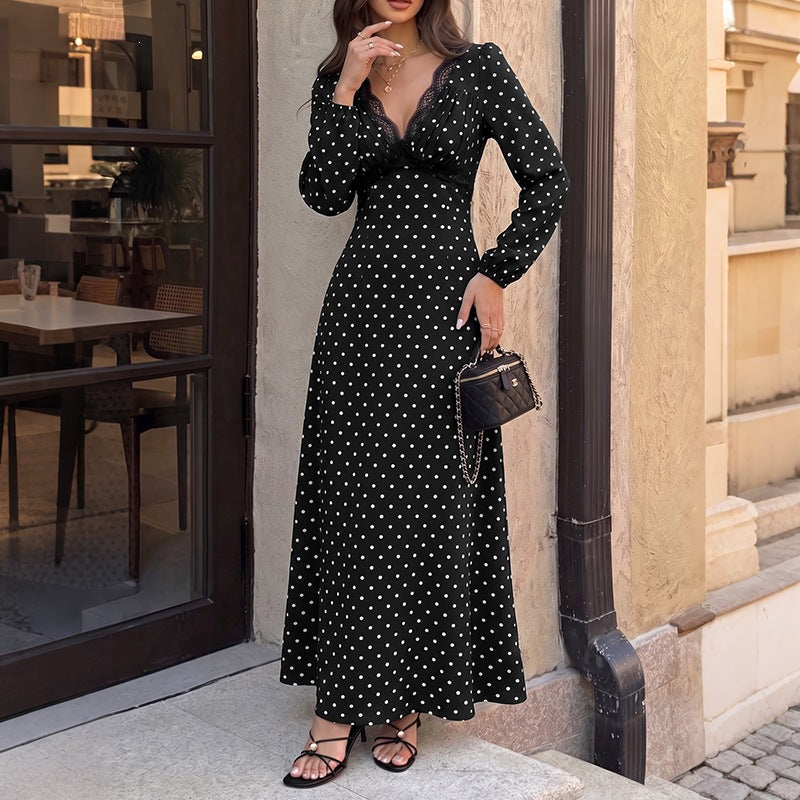 Damen Polka‑Dot Maxikleid mit Spitzen‑V-Ausschnitt, Empire‑Taillenlinie und langem Fließrock Drune