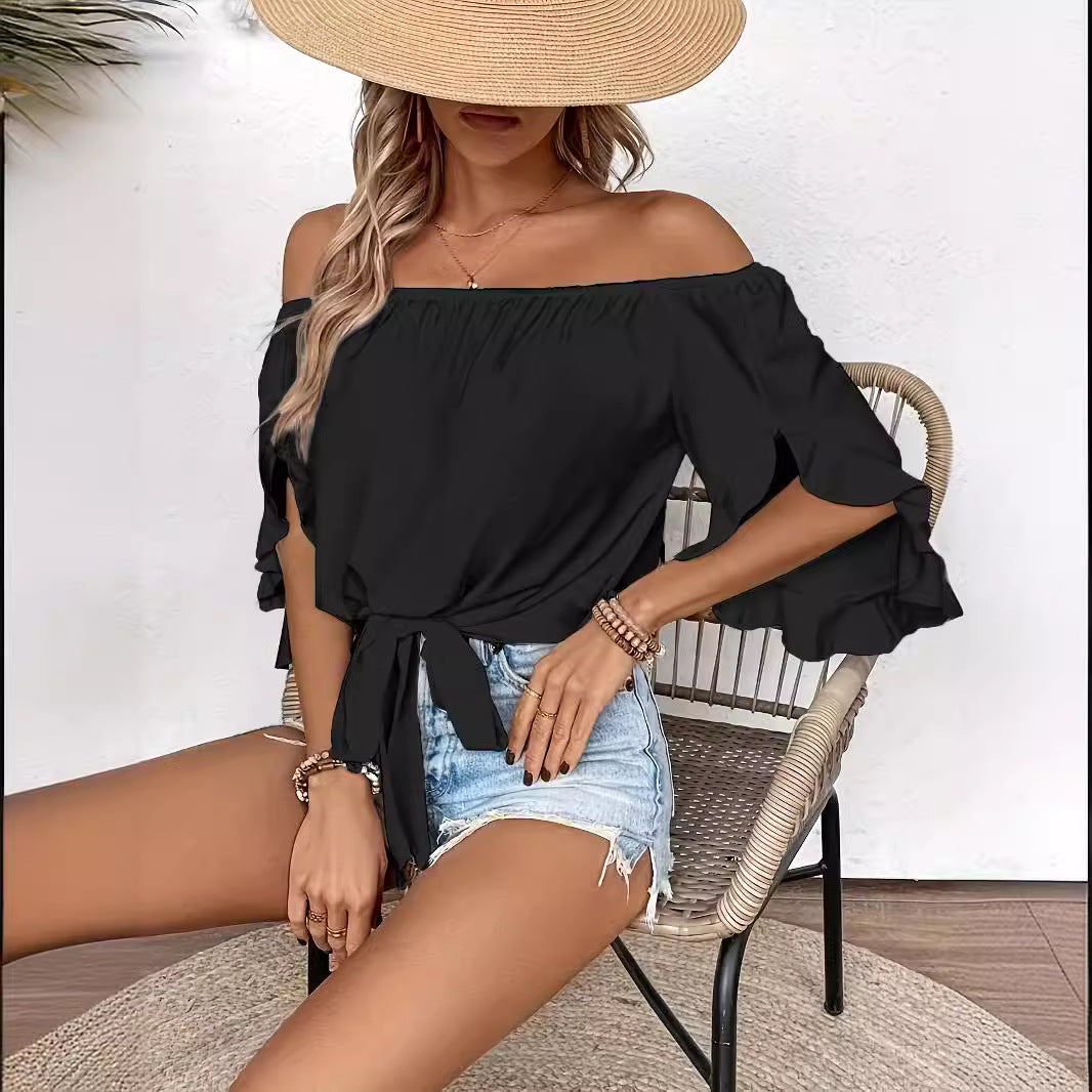 Damen Off-Shoulder-Bluse mit Rüschendetails und Taillenbindung Drune