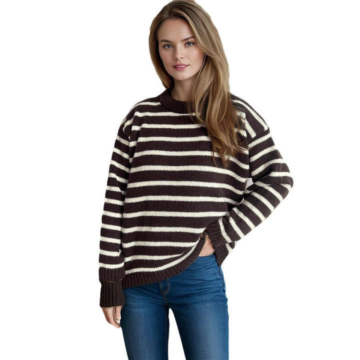 Damen lässiger Strickpullover mit breiten Streifen und oversized Passform Drune