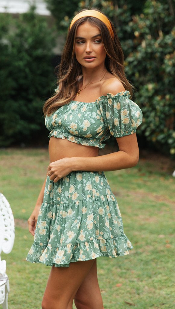 Damen Zweiteiliges Outfit mit voluminösen Rüschen und floralem Design Drune