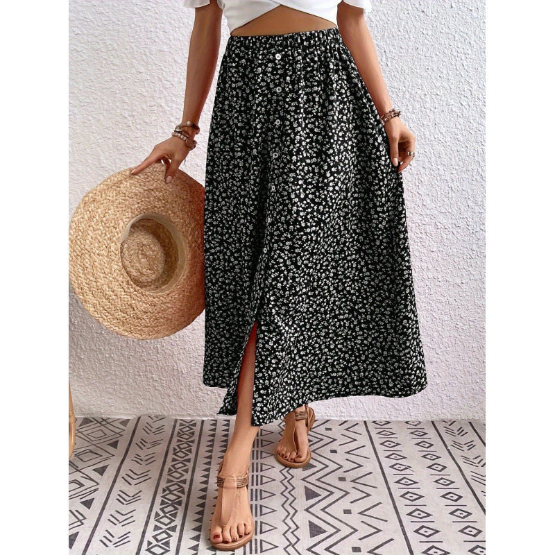 Damen Maxirock mit floralen Knopfdetails und seitlichem Schlitz Drune
