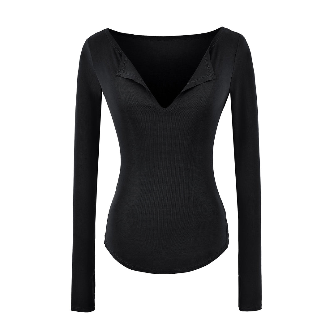 Damen Figurbetontes Rippenstrick-Longsleeve mit tiefem V‑Ausschnitt und Kragenblende Drune