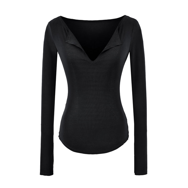 Damen Figurbetontes Rippenstrick-Longsleeve mit tiefem V‑Ausschnitt und Kragenblende Drune