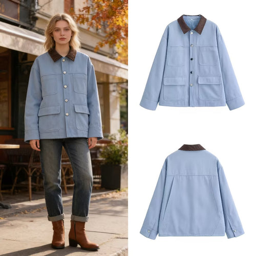 Damen Boxy-Arbeitsjacke mit Cordkragen und vier aufgesetzten Taschen Drune