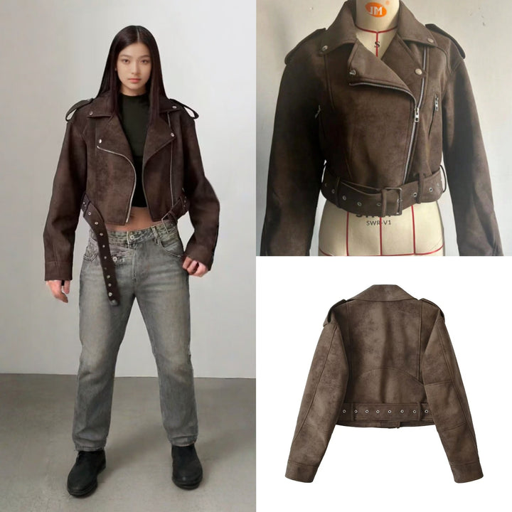 Damen Kunstleder Bikerjacke mit tailliertem Schnitt und verstellbarem Bund Drune