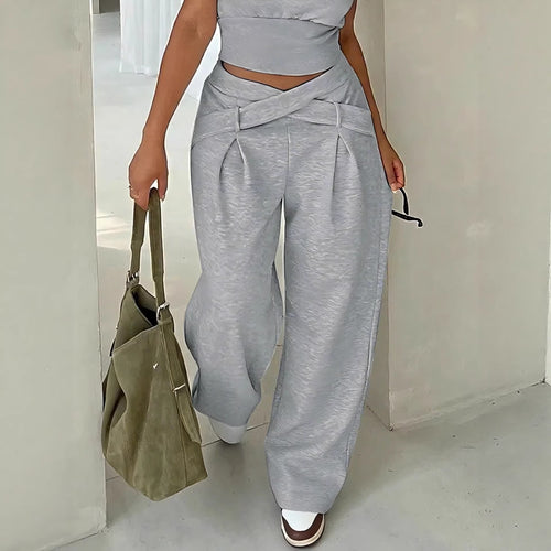 Damen Weite High-Waist-Hose mit Wickelbund, Ziergürtel und Bundschnitt Drune