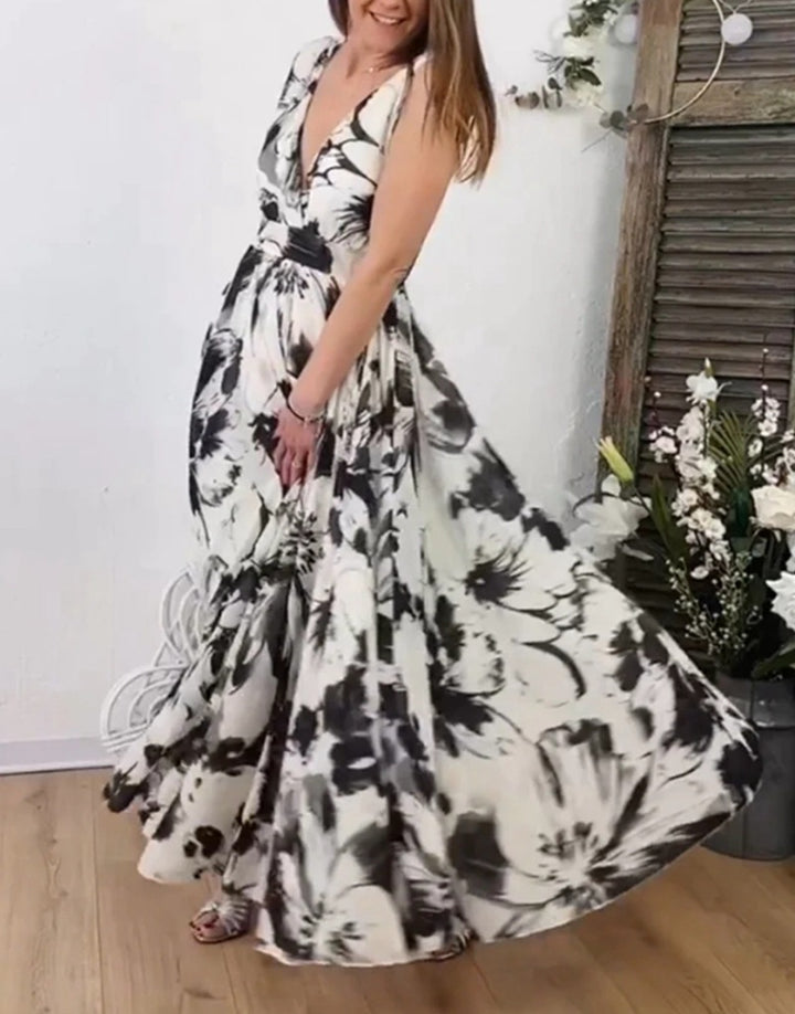 Damen nan voluminöses A-Linien Maxikleid mit tiefem V-Ausschnitt, taillierter Bindeschärpe und großfloralem Pinselprint Drune