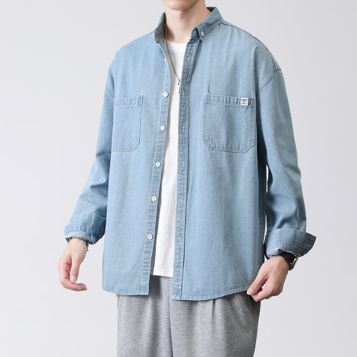 Herren Oversized Denim-Hemdjacke mit Brusttaschen und Button-Down-Kragen Drune