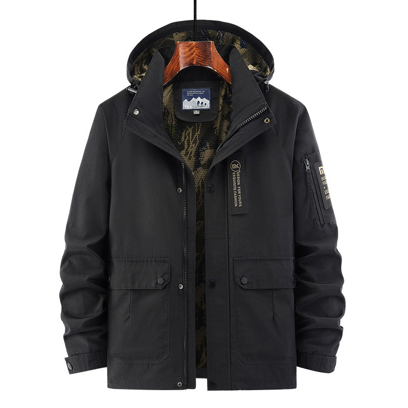 Herren Kapuzen-Fieldjacke mit Camouflage-Netzfutter und wasserabweisender Utility-Außenlage Drune