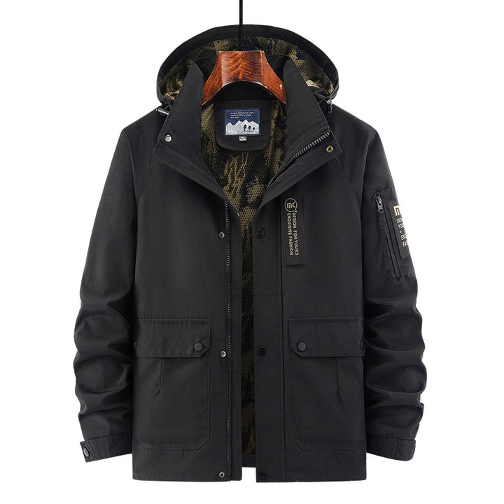 Herren Kapuzen-Fieldjacke mit Camouflage-Netzfutter und wasserabweisender Utility-Außenlage Drune