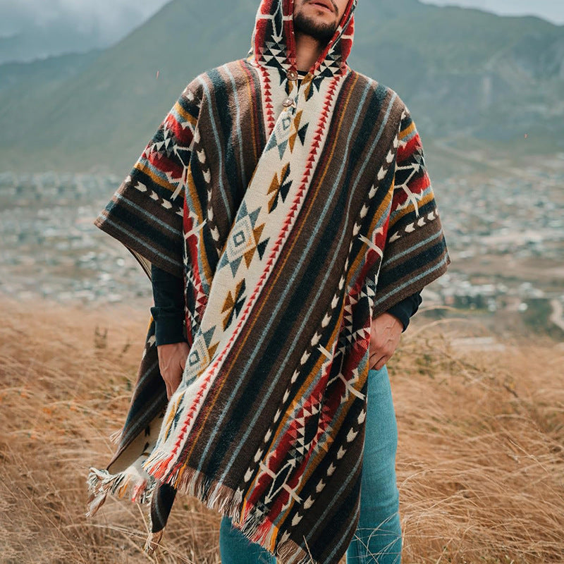 Herren Kapuzenponcho aus Wollmix mit Fransen und Ethno‑Jacquardmuster Drune