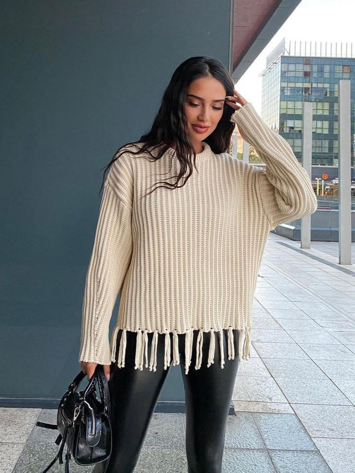 Damen Grob gestrickter Pullover mit Fransen Drune