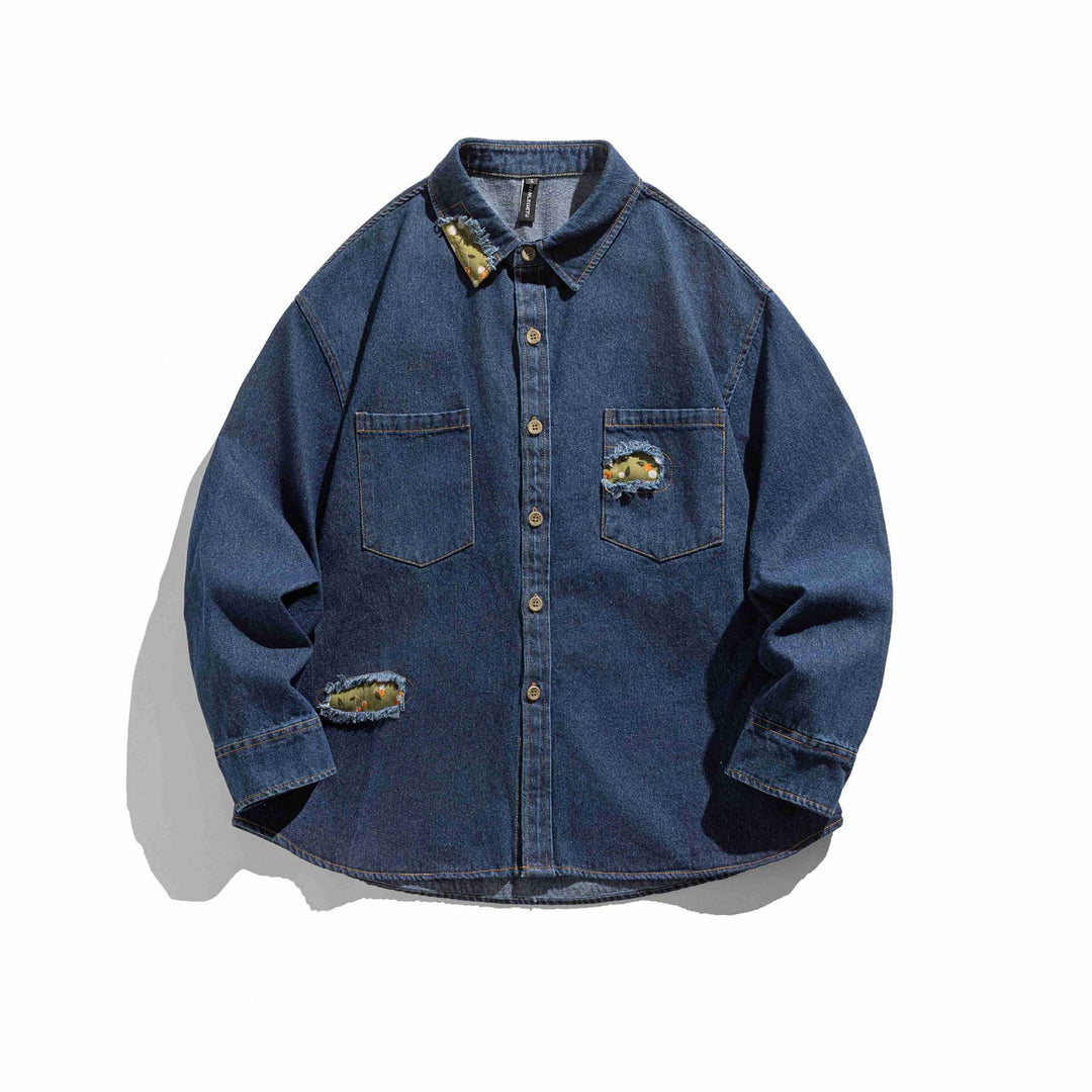 Herren Oversized Jeanshemd-Jacke mit Used-Effekten und Camouflage-Patches Drune