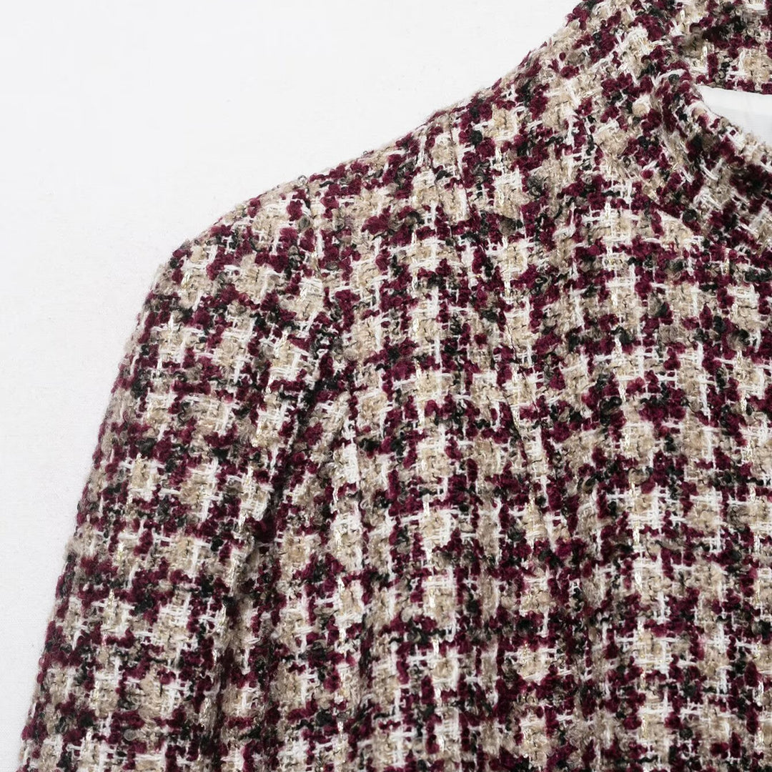 Damen Kurze Bouclé-Tweedjacke mit Stehkragen und Kunstpelzmanschetten Drune