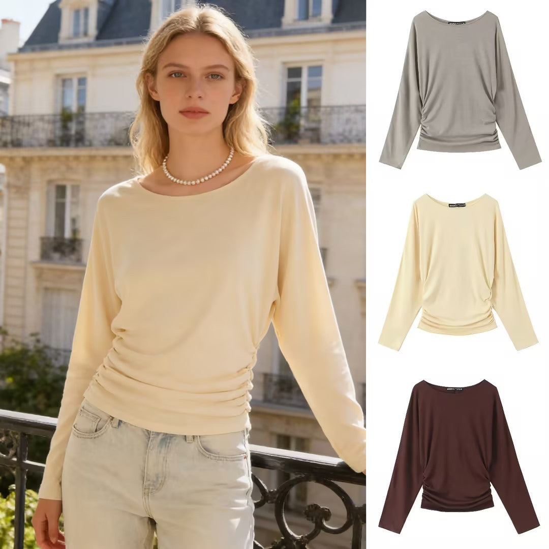 Damen Langarmshirt mit seitlicher Raffung und überschnittenen Schultern Drune