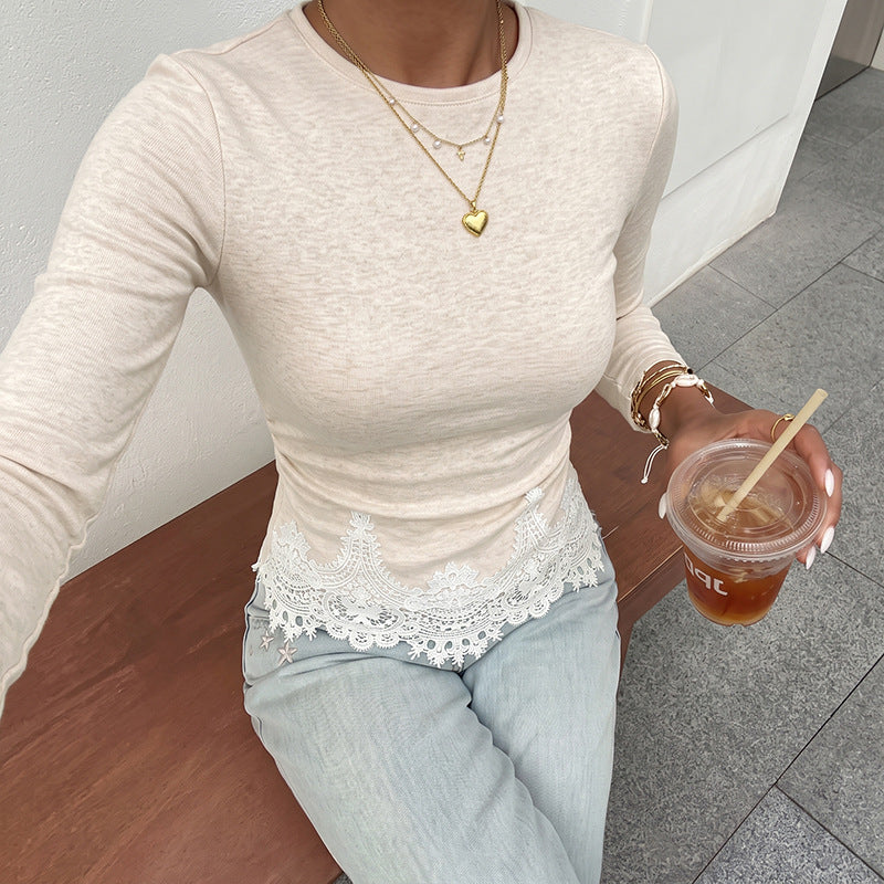Damen Elegantes Langarmshirt mit Spitzenbordüre Drune