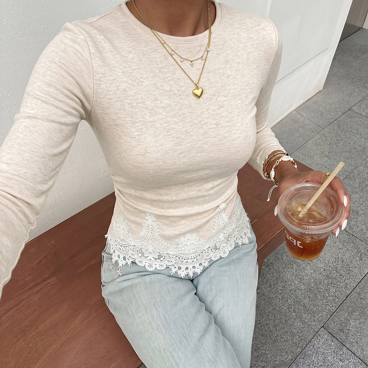 Damen Elegantes Langarmshirt mit Spitzenbordüre Drune