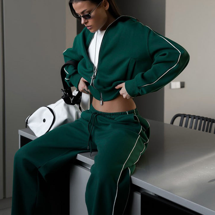 Damen nan kurzes Reißverschluss-Hoodie und hohe Taillen-Jogginghose Set mit dekorativer Seitenpaspel Drune