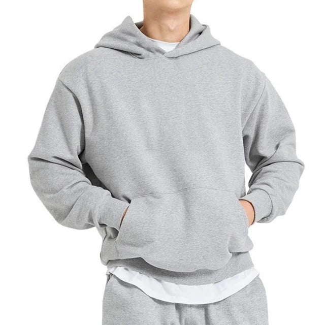 Herren nan schwerer Kapuzenpullover im Boxy-Cut mit Kängurutasche, geripptem Saum und angerauter Innenseite Drune