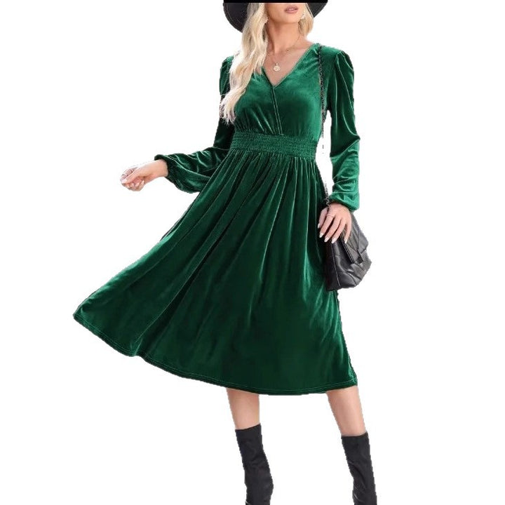 Damen Midikleid aus Samt mit V-Ausschnitt, geraffter Smock-Taille und langen Ballonärmeln Drune