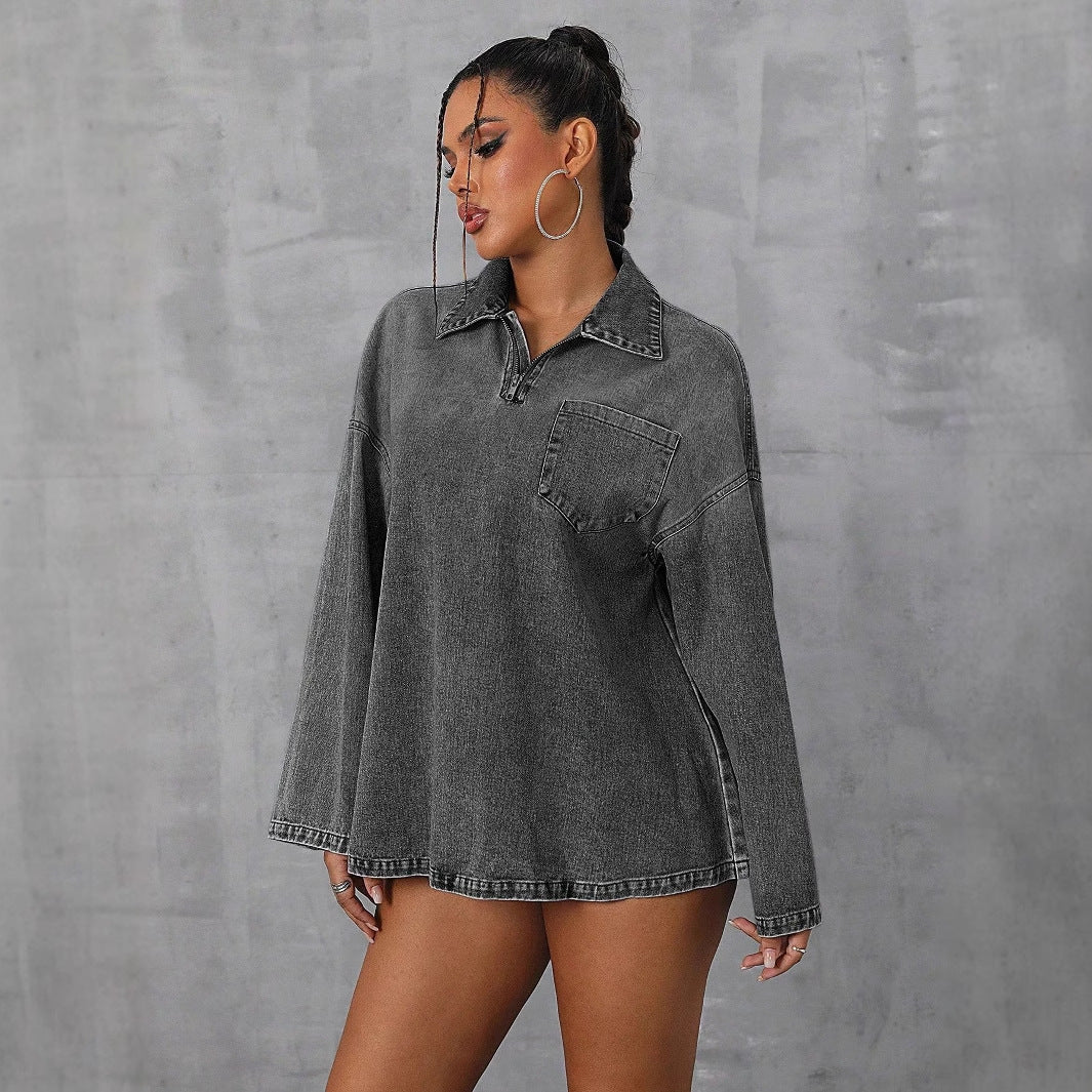 Damen oversized Denim-Bluse mit praktischem Reißverschluss und lässigem Kragen Drune