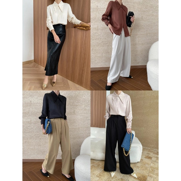 Damen elegantes Oberteil mit klassischem Kragen und schicker Raffung Drune