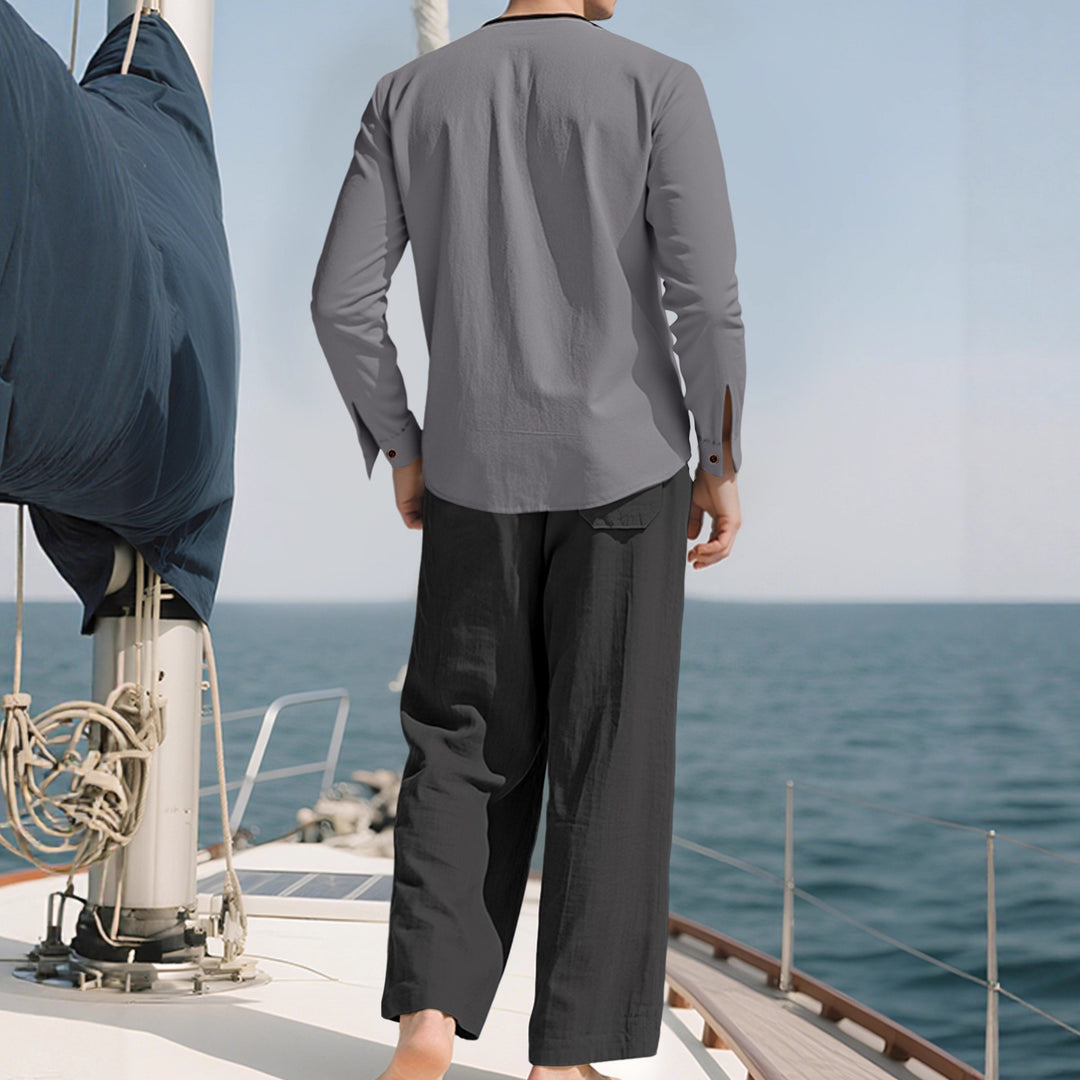 Herren nan Tunika- und Palazzohose-Set mit Henley-Blende, Zierstickerei und weitem Schnitt Drune