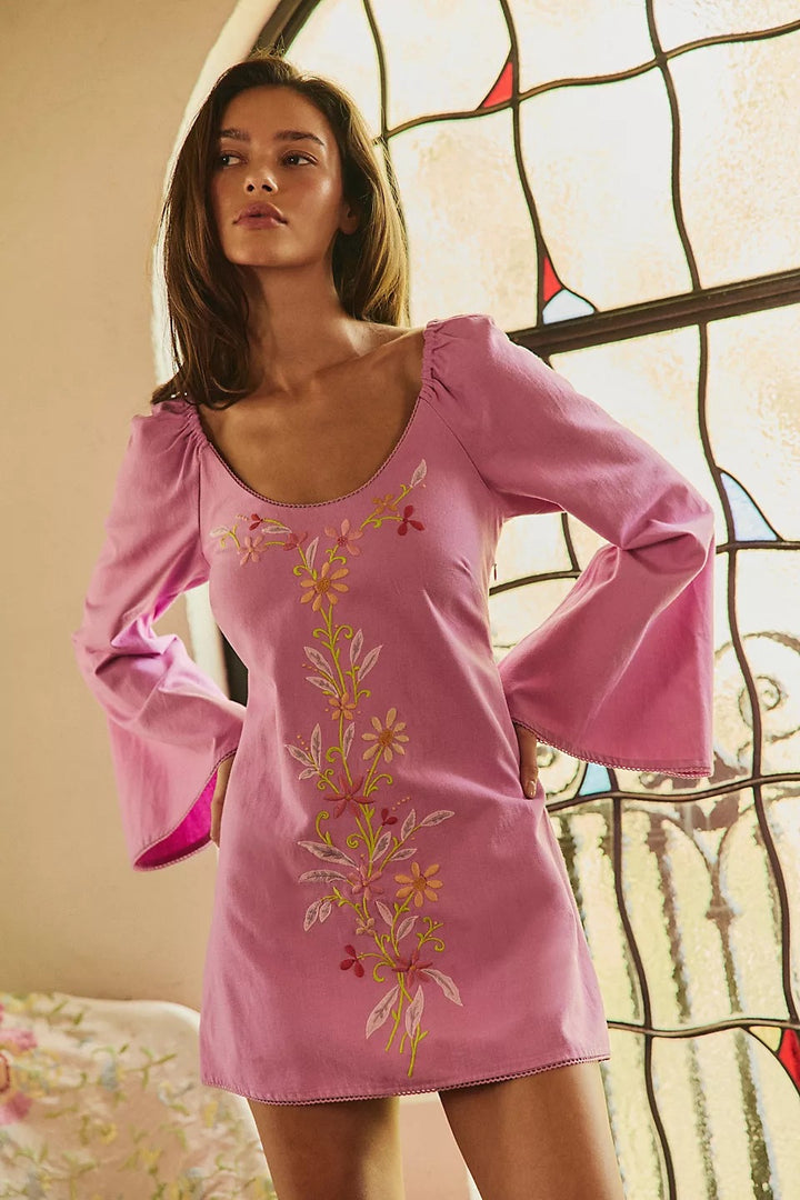 Damen Blusenkleid mit floralen Stickereien und weit ausgestellten Ärmeln Drune