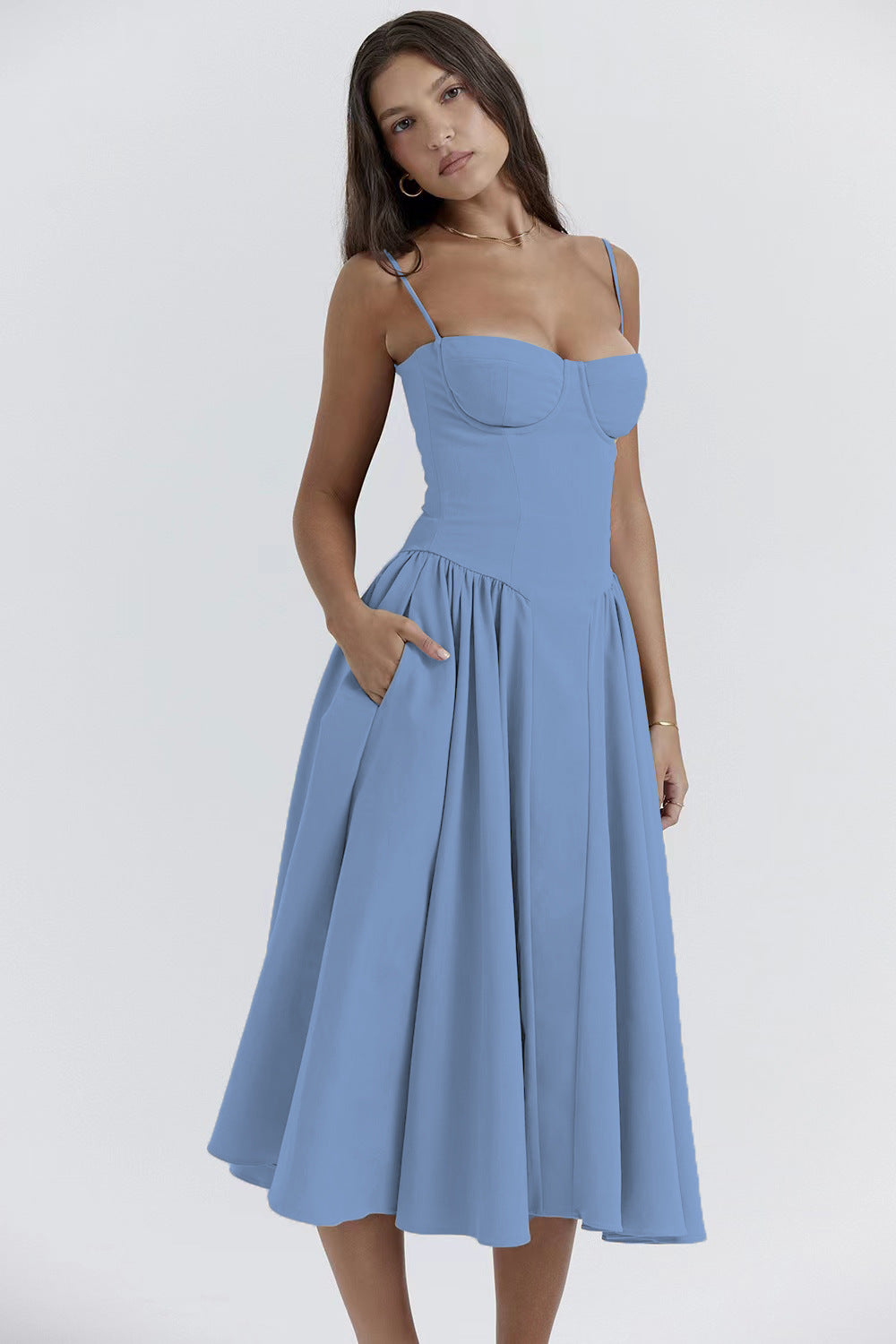 Damen Midikleid mit knöpfbarem Oberteil und schwingendem Rock Drune