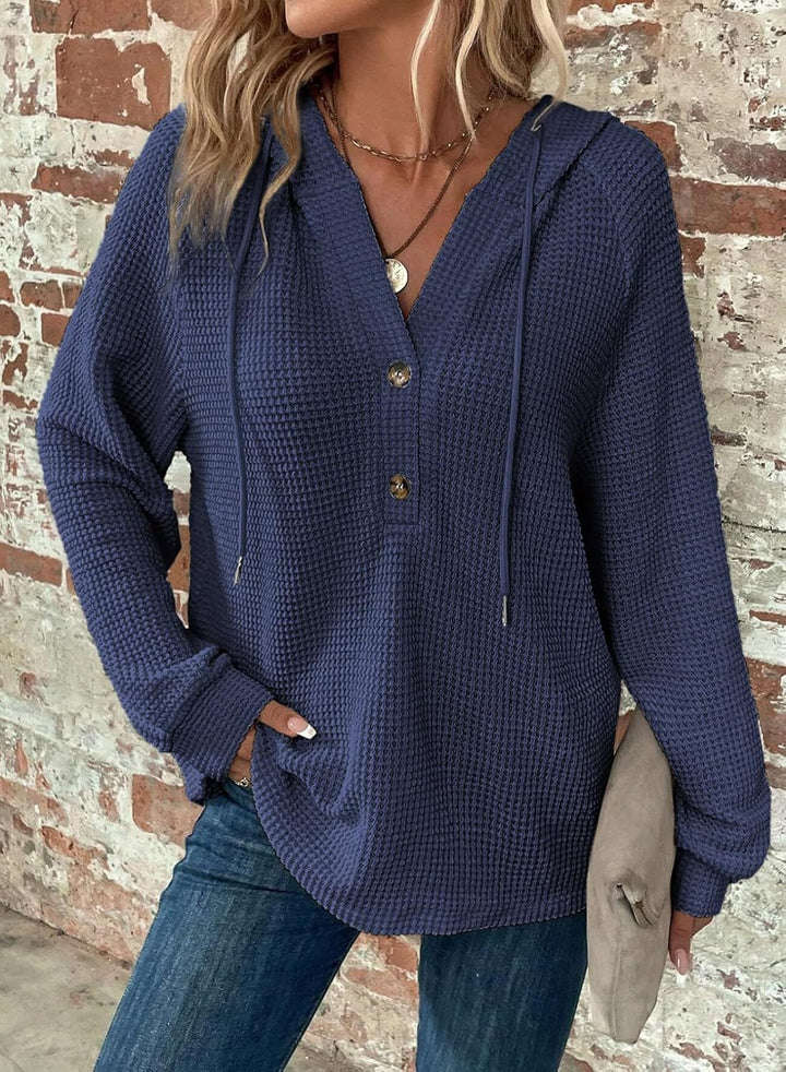 Damen gemütlicher Strickpullover mit Kapuze und Knopfleiste Drune