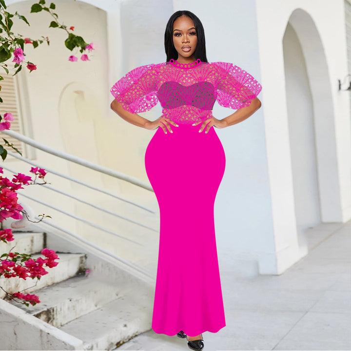 Damen Elegantes Maxikleid mit Spitzenoberteil und voluminösen Ärmeln Drune