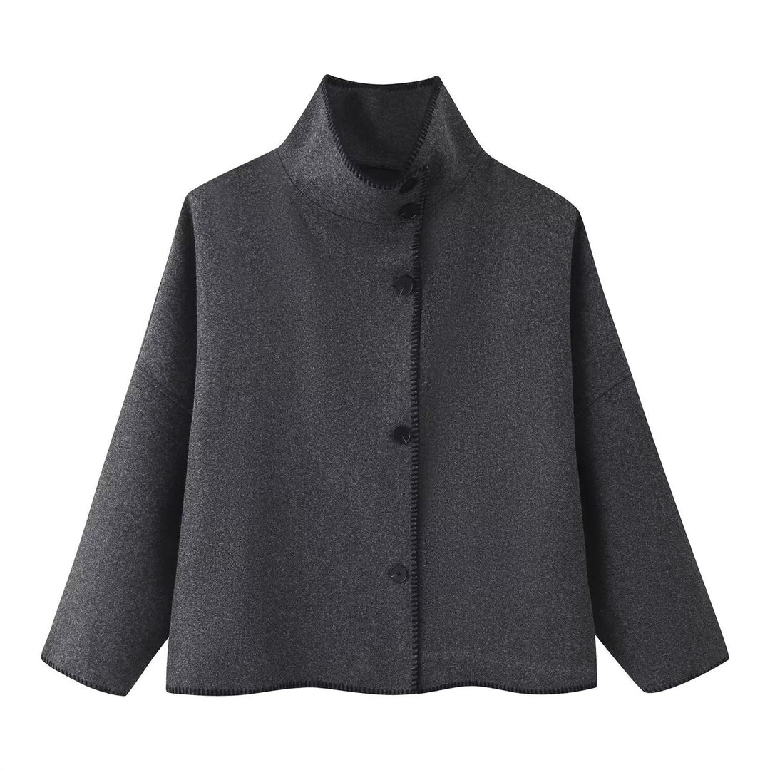 Damen Kurzer kastiger Mantel‑Cape mit Stehkragen und Kontrast‑Ziernaht Drune