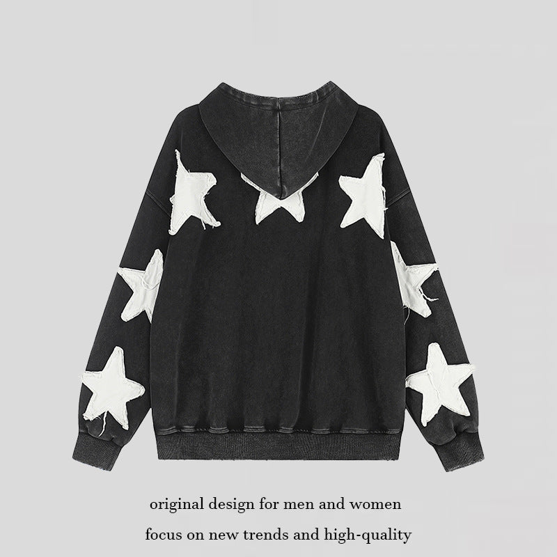 Damen Oversize Kapuzen-Sweatshirt mit Stern-Applikationen und Vintage-Waschung Drune