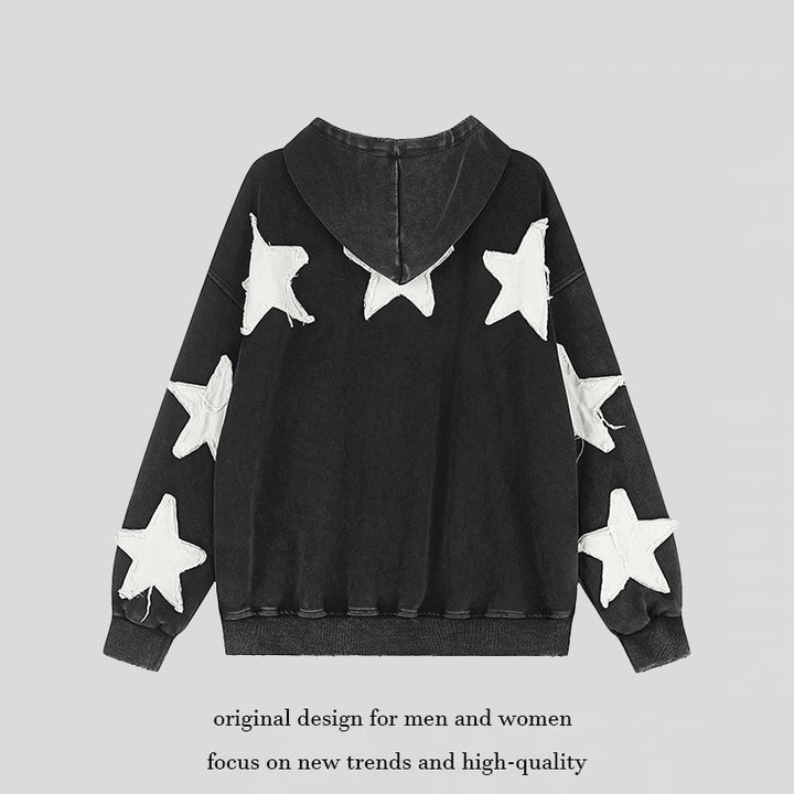 Damen Oversize Kapuzen-Sweatshirt mit Stern-Applikationen und Vintage-Waschung Drune