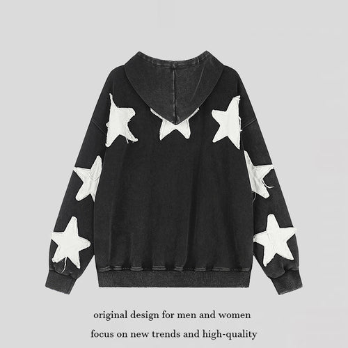 Damen Oversize Kapuzen-Sweatshirt mit Stern-Applikationen und Vintage-Waschung Drune