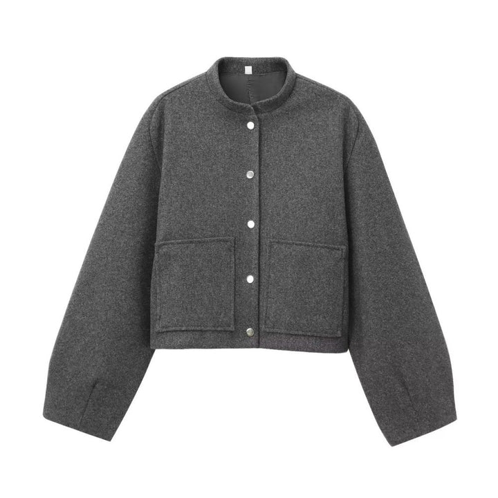 Damen Cropped Wollboxy‑Jacke mit kurzem Stehkragen und aufgesetzten Taschen Drune
