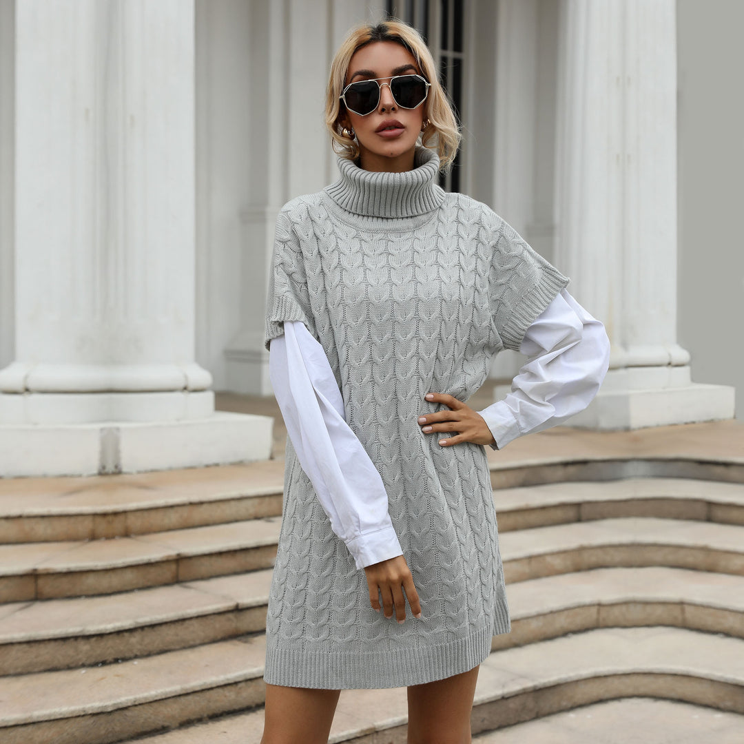 Damen Strickkleid mit Rollkragen, Zopfmuster und ärmelloser Tunika-Silhouette Drune