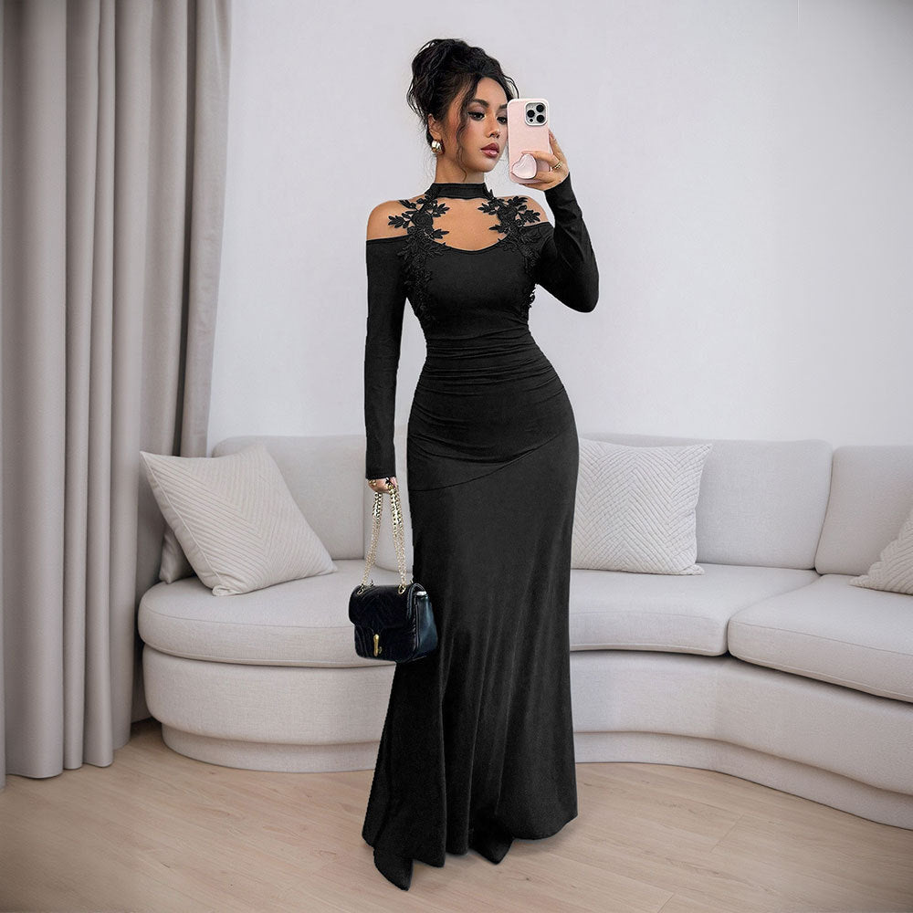 Damen figurbetontes Abendkleid mit schulterfreier Ärmelgestaltung und floralen Akzenten Drune