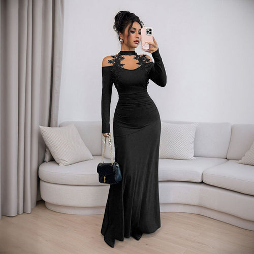 Damen figurbetontes Abendkleid mit schulterfreier Ärmelgestaltung und floralen Akzenten Drune