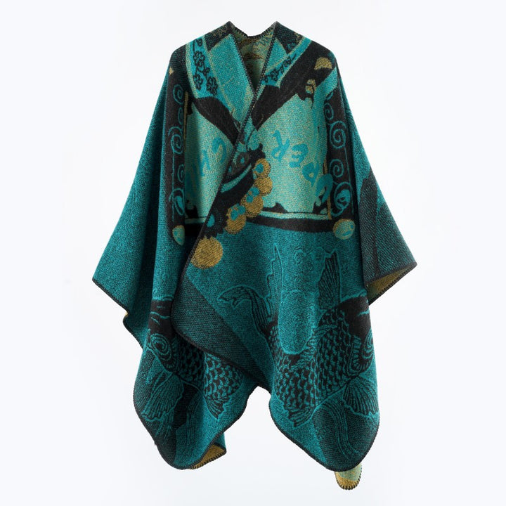Damen Jacquard-Strick Cape mit Koi-Motiv und weitem Oversize-Fall Drune