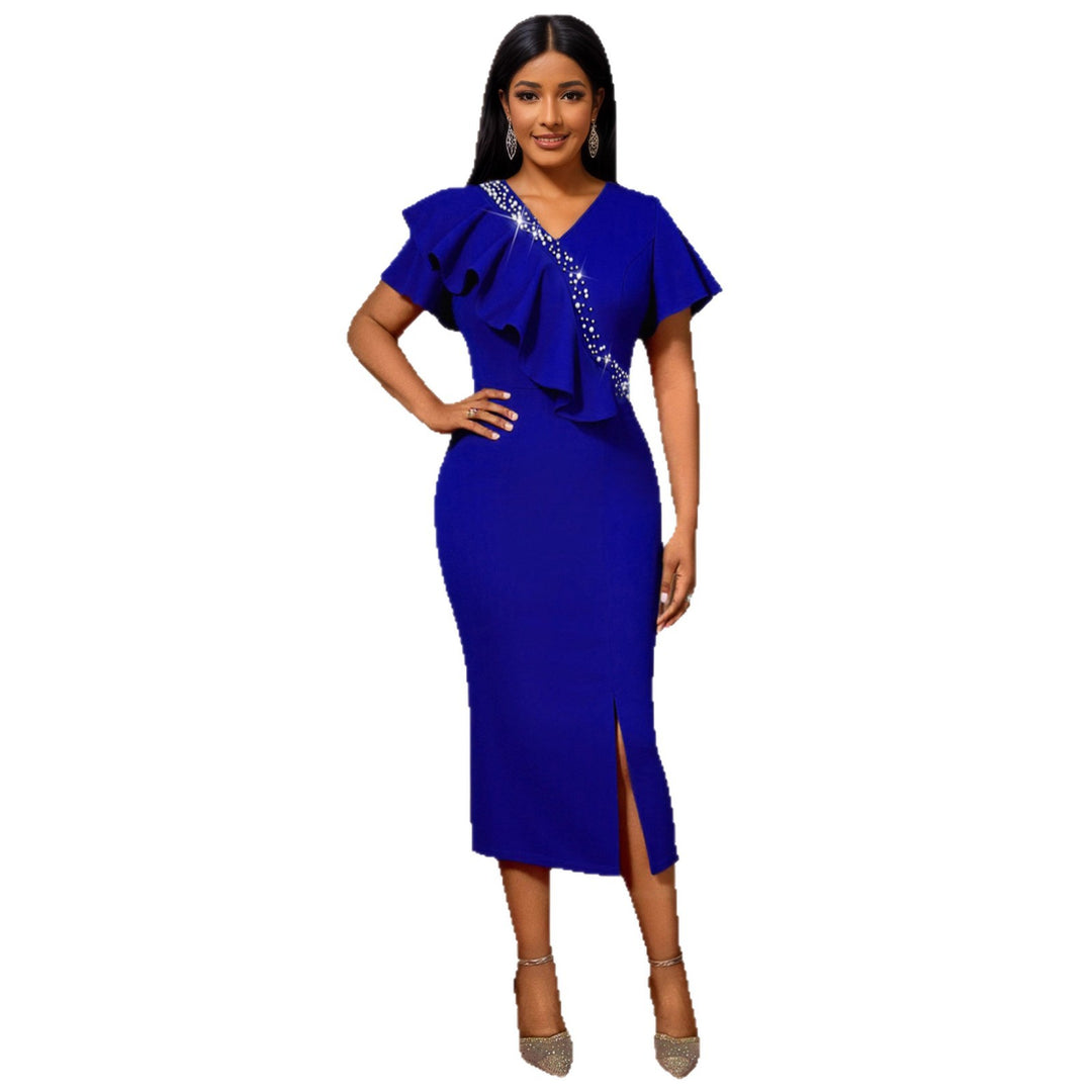 Damen figurbetontes Abendkleid mit asymmetrischem Rüschendesign und Glitzerdetails Drune