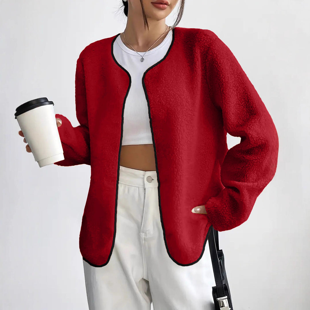 Damen Kurzjacke Teddy-Fleece Cardigan ohne Verschluss mit Rundhals Drune