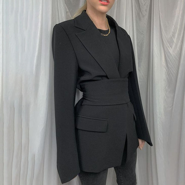 Drune | Blazer Longline Tailored Fit Selbstbinder Taille Revers Taschen