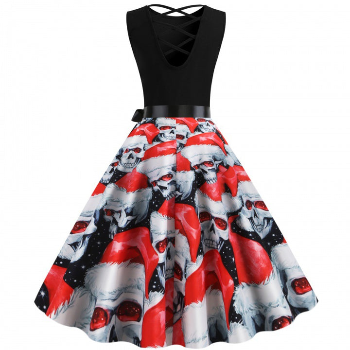 Damen Swingkleid mit kreativem Totenkopf- und Weihnachtsmotiv Drune