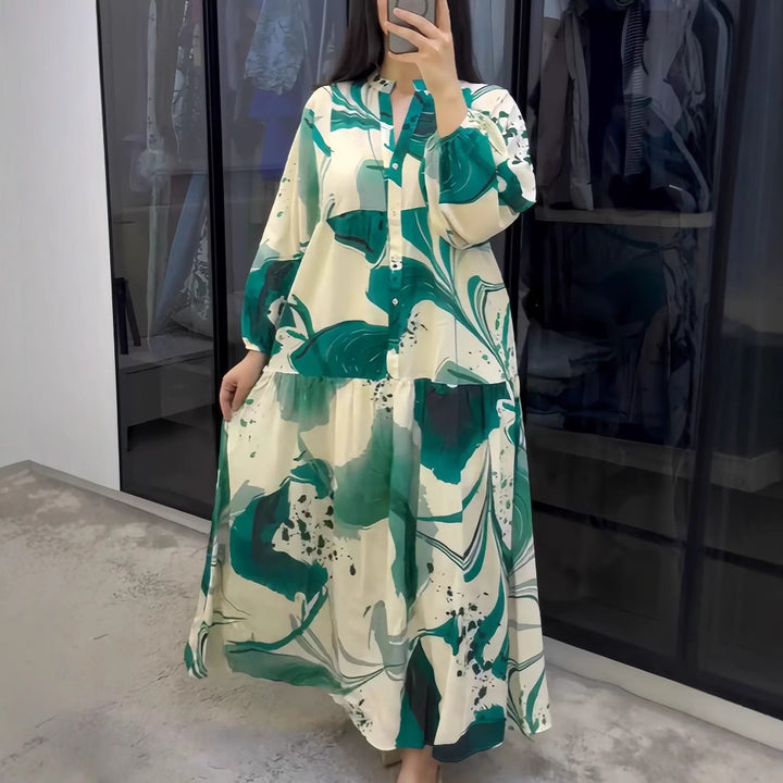 Damen Fließendes Stufenkleid mit Stehkragen, Ballonärmeln und Knopfleiste Drune
