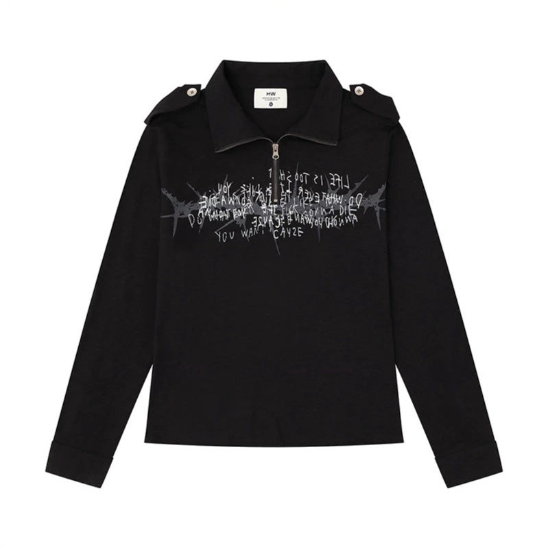 Damen Longsleeve-Poloshirt mit Kurzreißverschluss, Schulterpatten und Statement-Print Drune