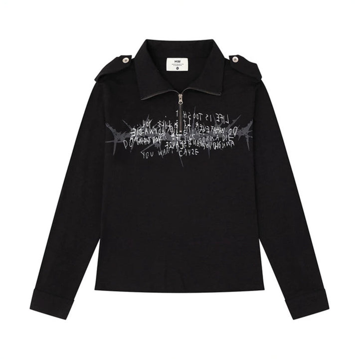 Damen Longsleeve-Poloshirt mit Kurzreißverschluss, Schulterpatten und Statement-Print Drune
