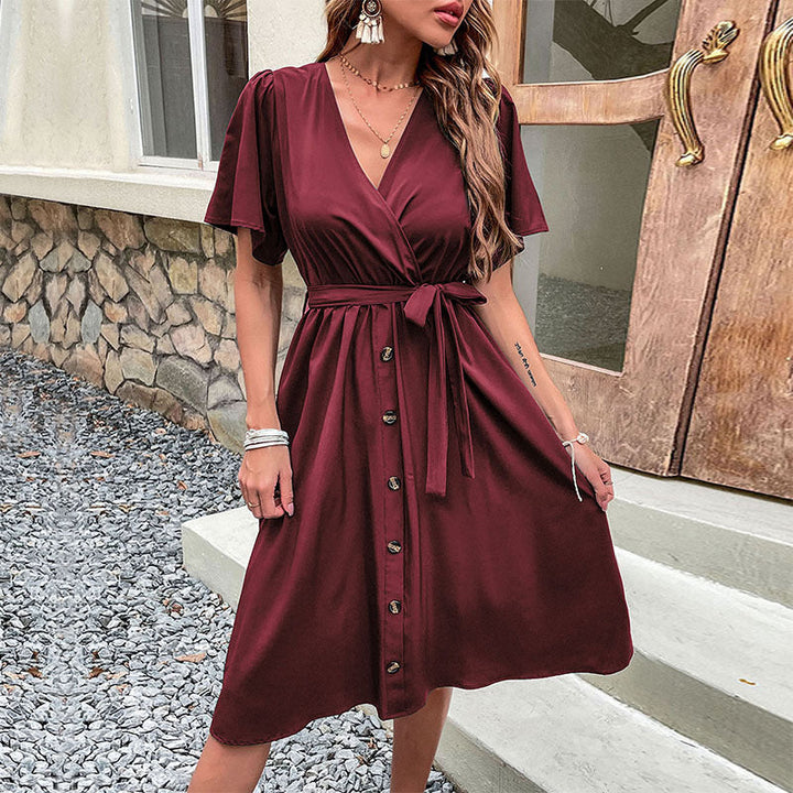 Damen Midi-Kleid mit eleganter Wickeloptik und praktischen Knopfdetails Drune