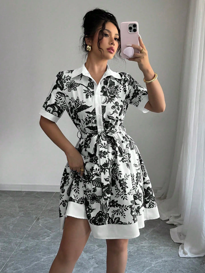 Damen Hemdblusenkleid mit floralem Muster und Taillengürtel Drune